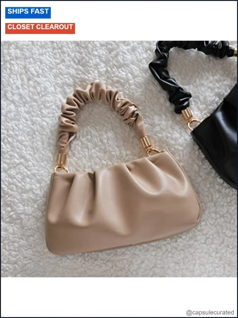 Hobo Shoulder Bag Vegan Leather Crossbody Chain Ruched Clutch
